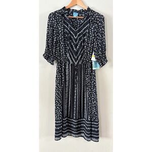 Cece Women's‎ Medium Boho Peasant Dark Floral Midi Dress Rich Black White Ruffle